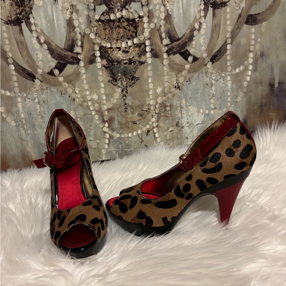 Jennifer Lopez Animal Print Peep Toe Heels with Red Accents